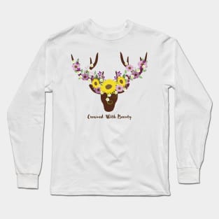 Crowned With Beauty Deer Antler Sunflower Long Sleeve T-Shirt